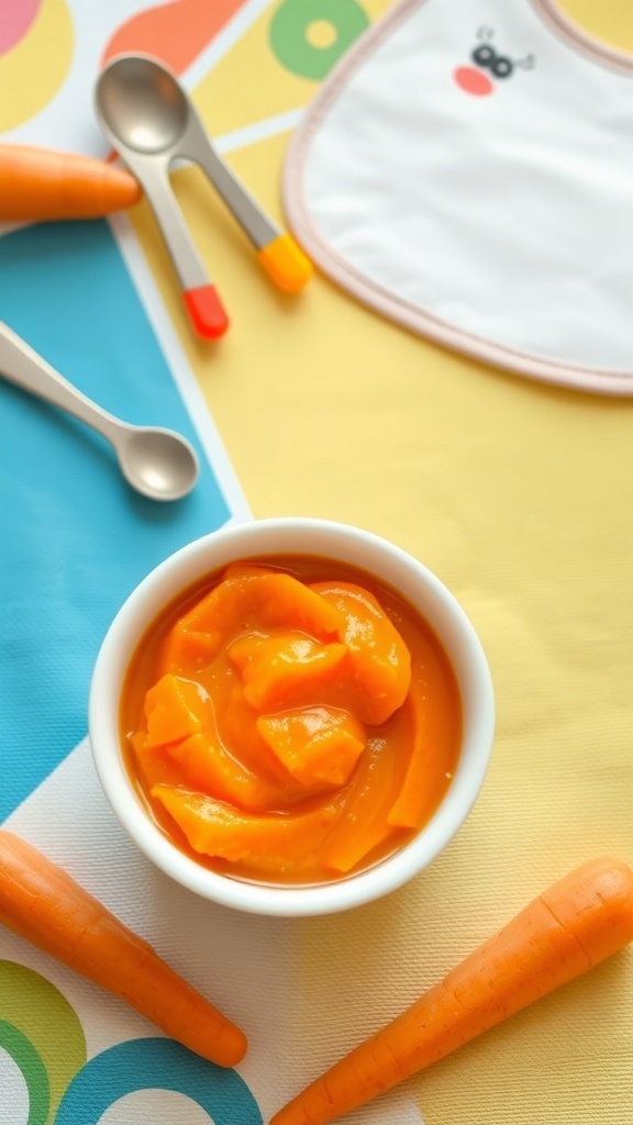 Simple Vegetable Puree for 7-Month-Old Baby A bowl of sweet potato and carrot puree for a baby, with utensils and a bib in the background.